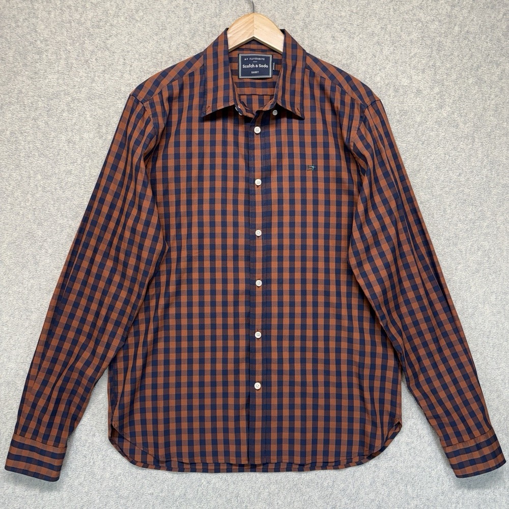 Scotch & Soda Mens Orange Blue Gingham Check Button Up Shirt Regular Fit Large